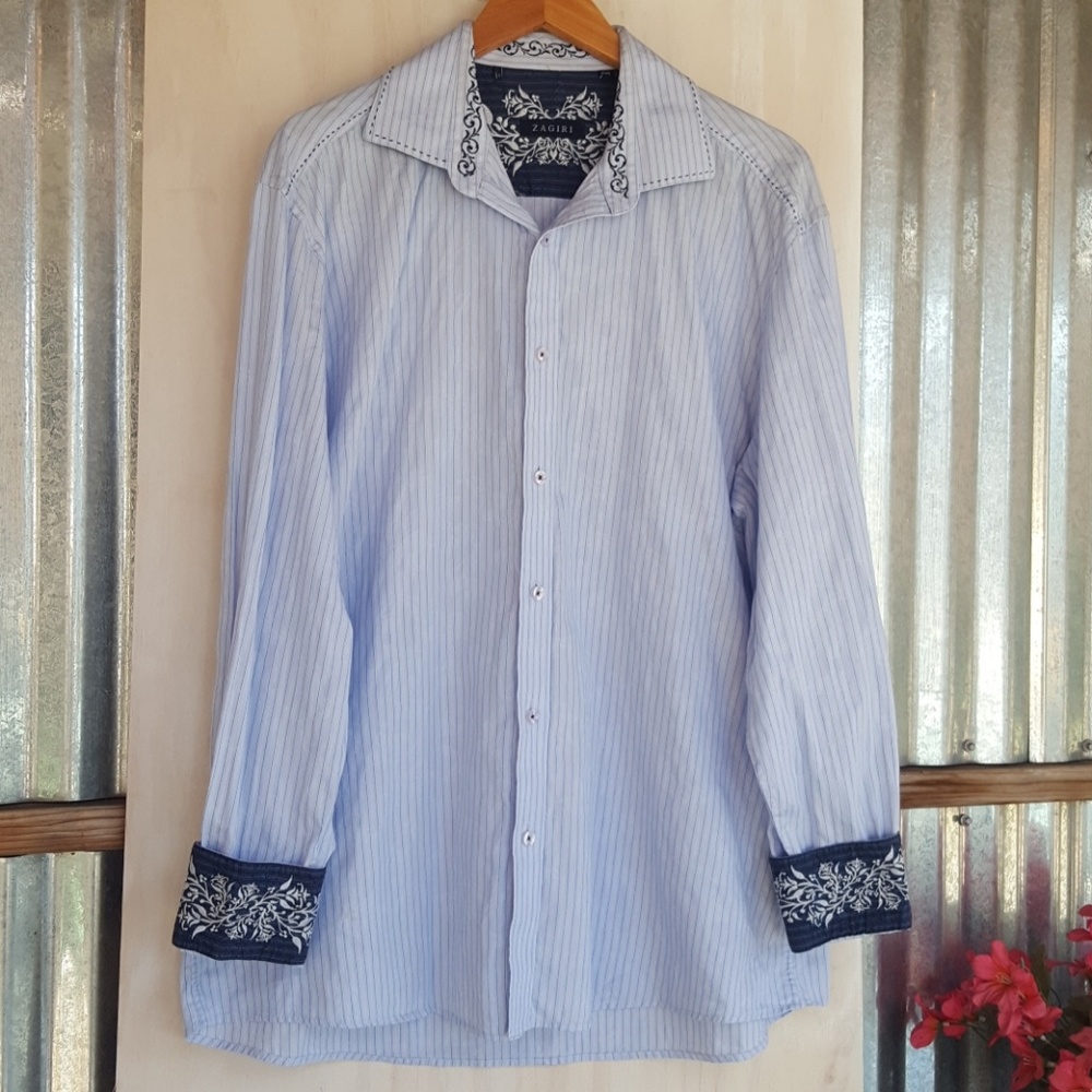 Zagiri Embroidered Dress Shirt Stripes Button Front Size 2XL